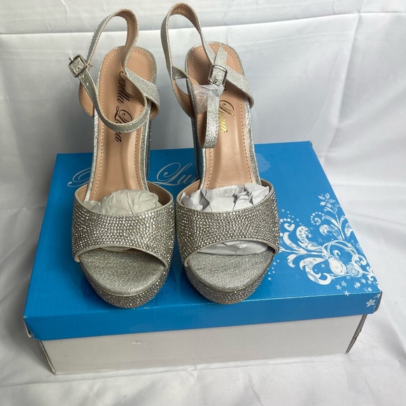 Bella Luna Women's Open Toe Chunky High Heel Rhinestone Glitter Sandals - Picture 1 of 7